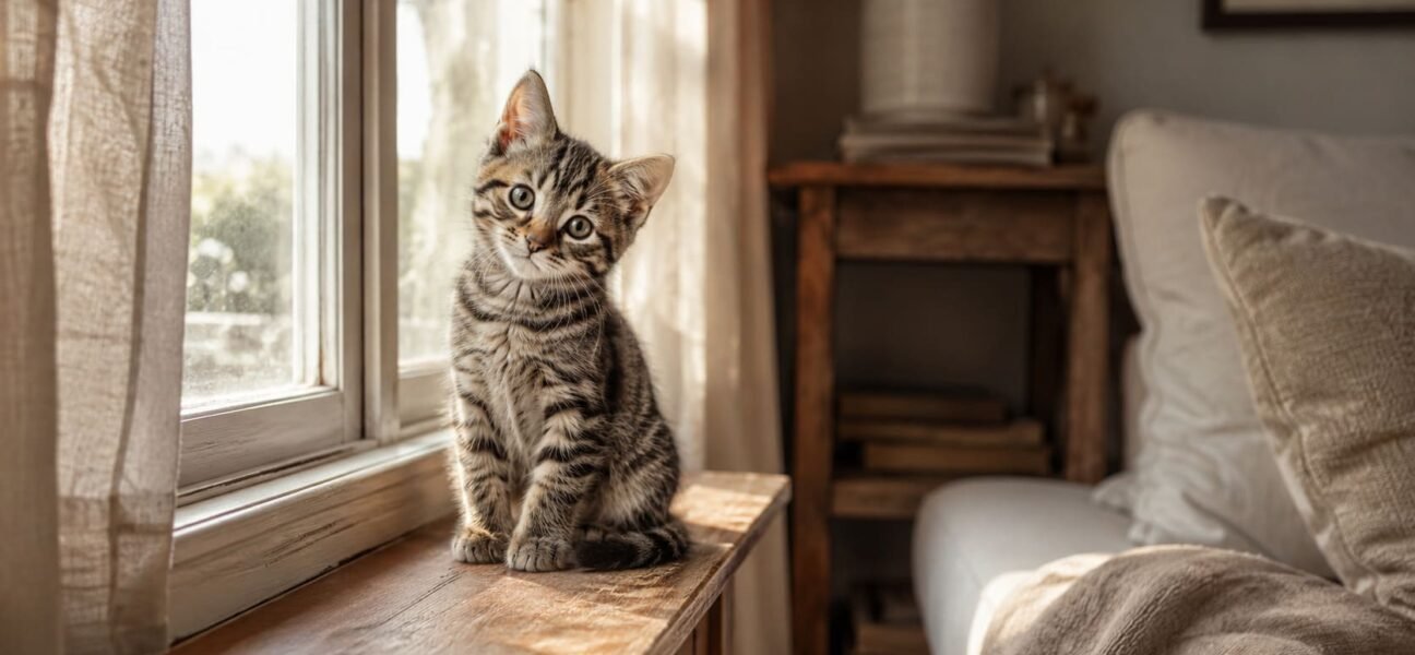 Small tabby kitten sitting on a sunlit windowsill looking toward the camera