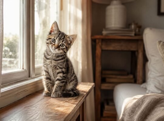 Small tabby kitten sitting on a sunlit windowsill looking toward the camera