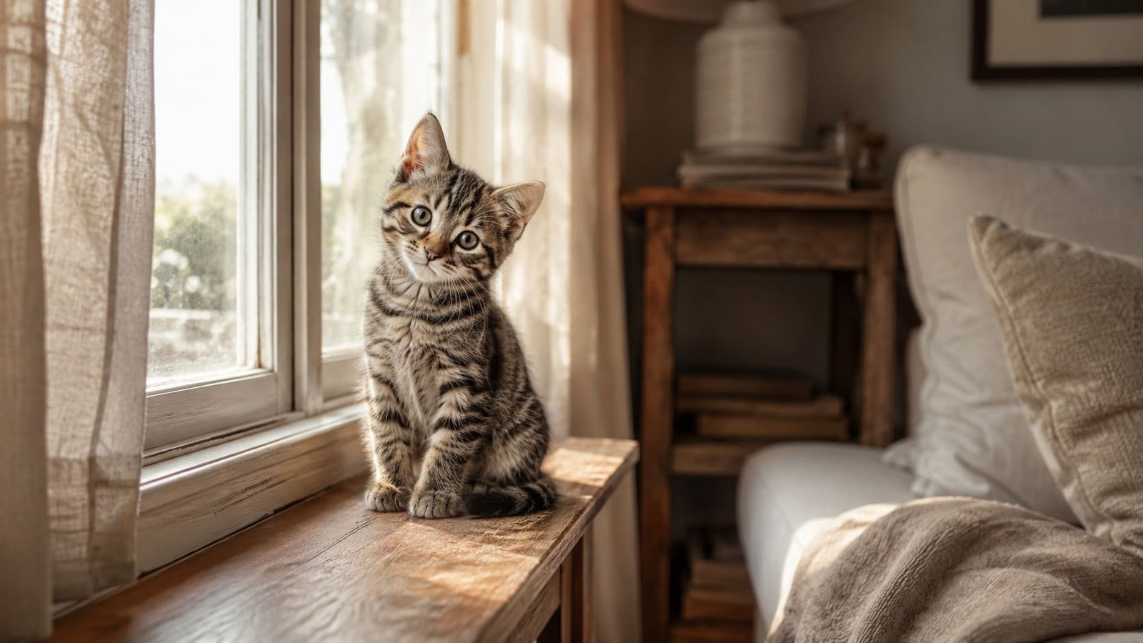 Small tabby kitten sitting on a sunlit windowsill looking toward the camera