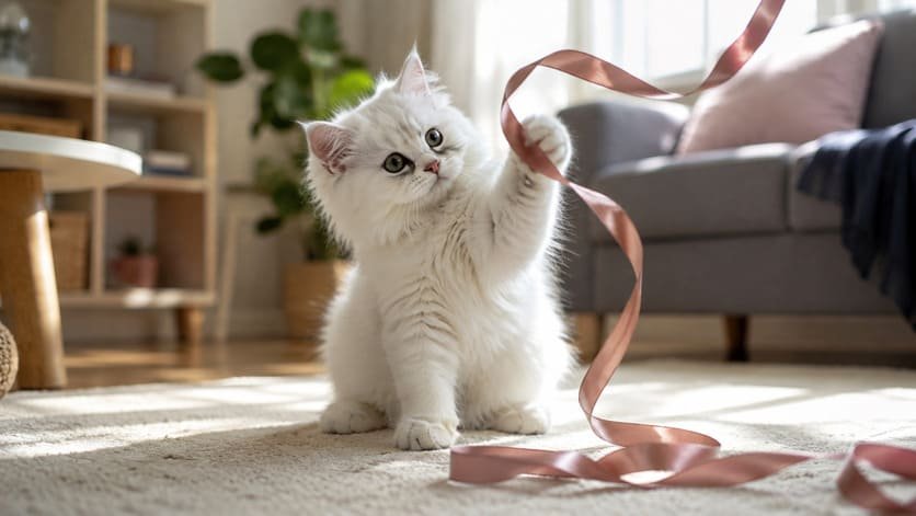 Fluffy white kitten playing with a ribbon in a bright living room