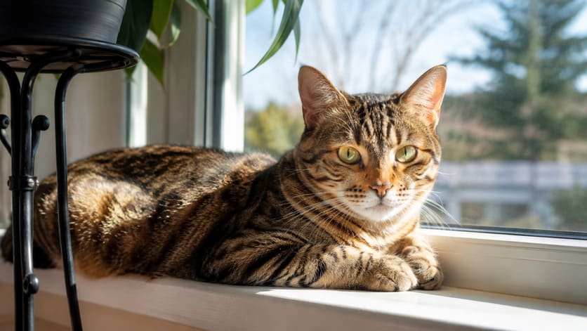 A domestic shorthair mixed-breed cat with tabby markings resting on a windowsill