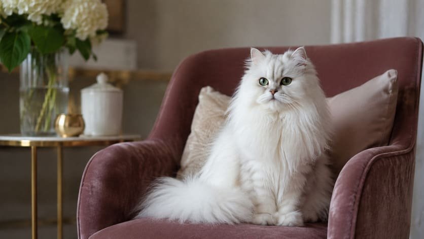 White Persian female cat sitting upright on a velvet armchair