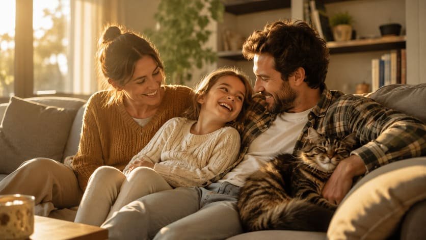 A family relaxing at home with their newly adopted cat