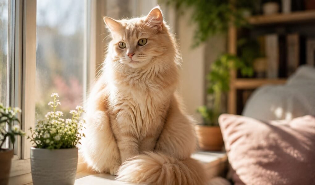 Close-up portrait of a cream-colored longhair female cat sitting on a sunlit windowsill