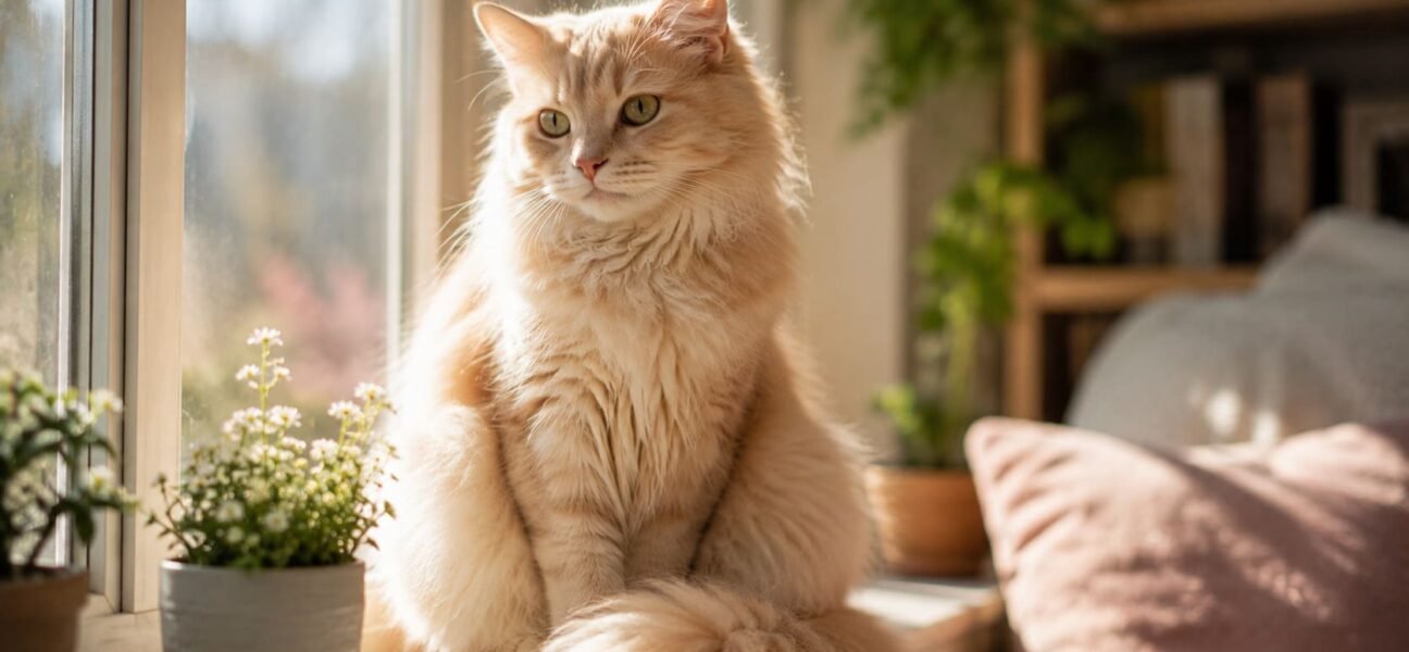 Close-up portrait of a cream-colored longhair female cat sitting on a sunlit windowsill