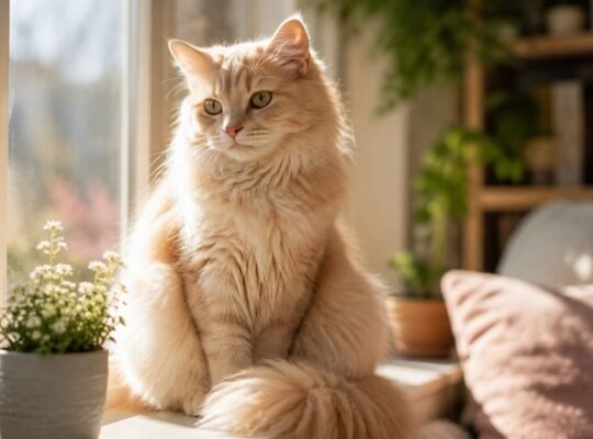 Close-up portrait of a cream-colored longhair female cat sitting on a sunlit windowsill