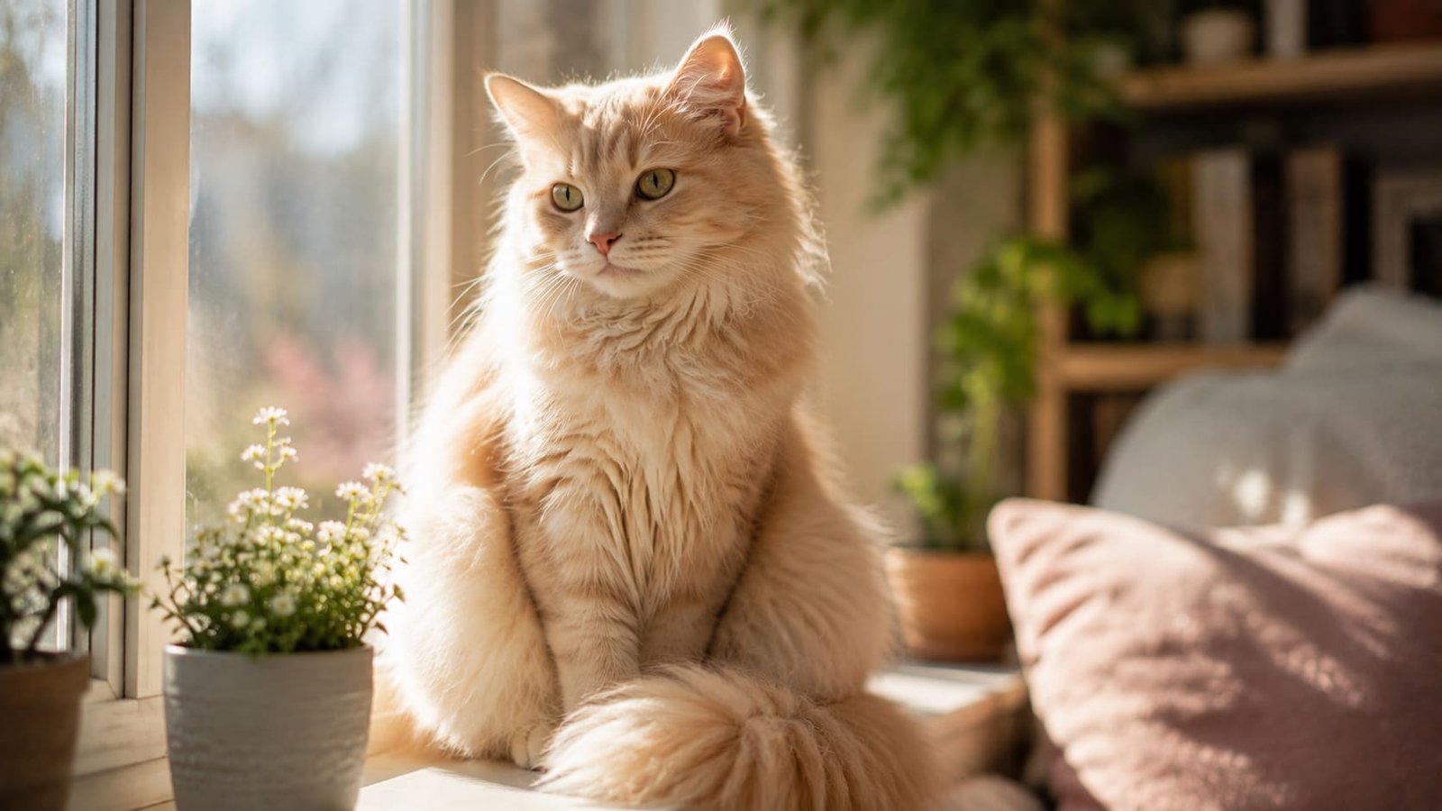 Close-up portrait of a cream-colored longhair female cat sitting on a sunlit windowsill
