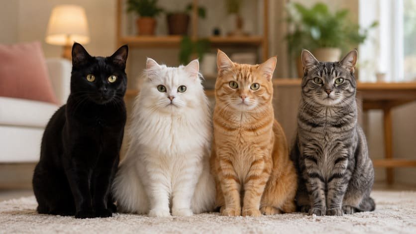 Four female cats of different coat colors (black, white, orange, and gray) sitting together
