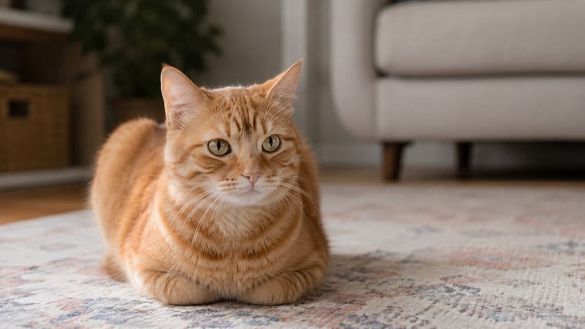 Orange female cat sitting in a compact loaf position on a rug
