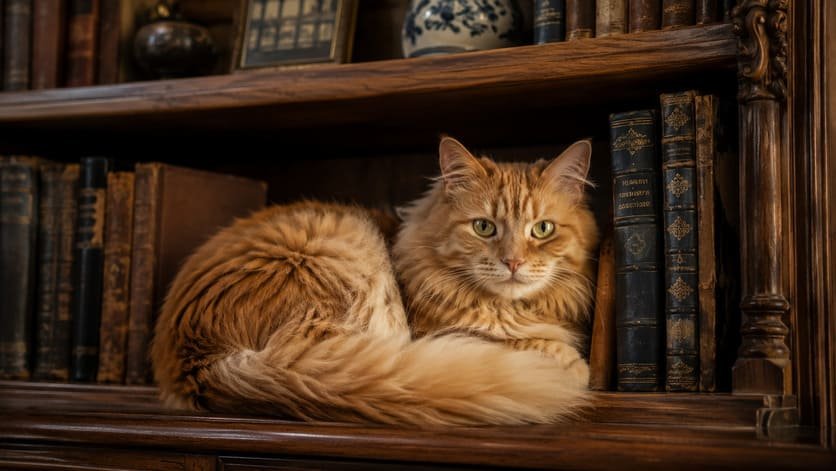 Ginger long-haired cat curled up on an old wooden bookshelf