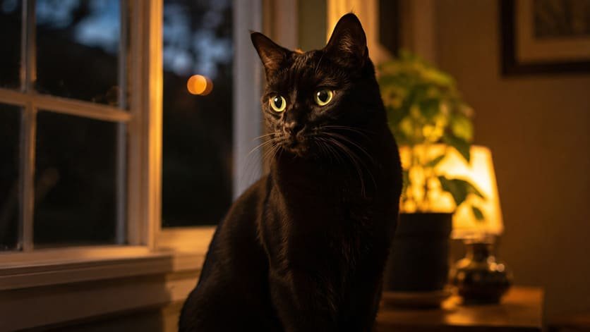 Black cat with wide eyes sitting in low evening light