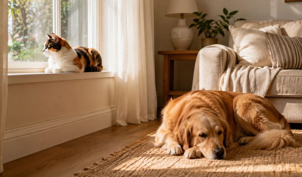 Calico cat resting on a windowsill while a golden retriever lies on the rug below in a sunlit living room