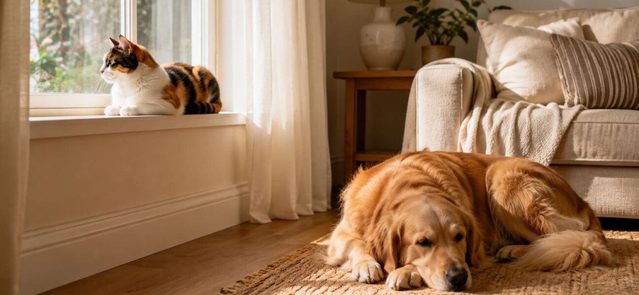 Calico cat resting on a windowsill while a golden retriever lies on the rug below in a sunlit living room