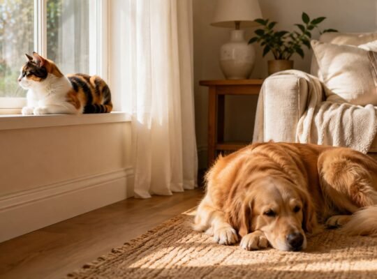 Calico cat resting on a windowsill while a golden retriever lies on the rug below in a sunlit living room