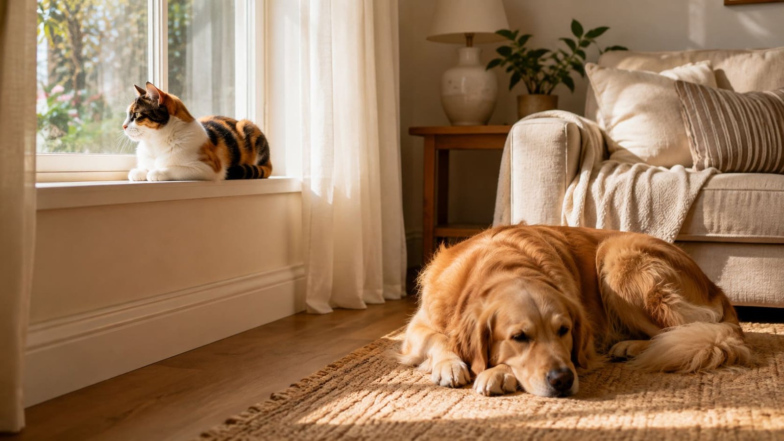 Calico cat resting on a windowsill while a golden retriever lies on the rug below in a sunlit living room
