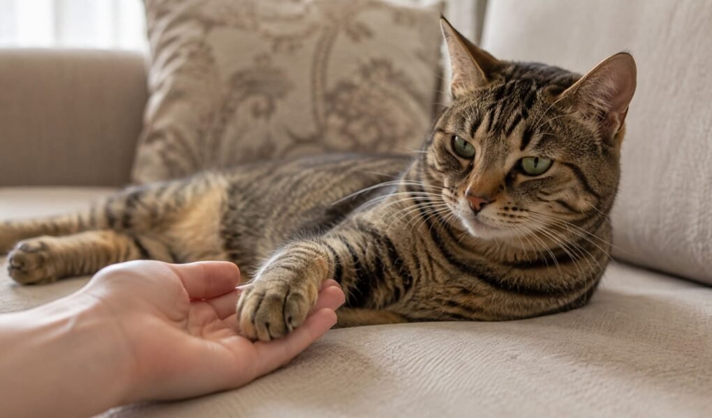 Person gently resting a tabby cat's front paw in an open palm before trimming
