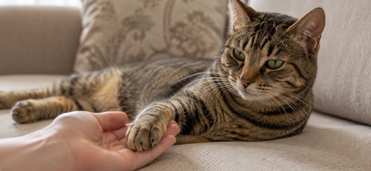Person gently resting a tabby cat's front paw in an open palm before trimming