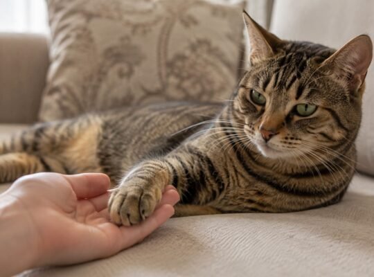 Person gently resting a tabby cat's front paw in an open palm before trimming