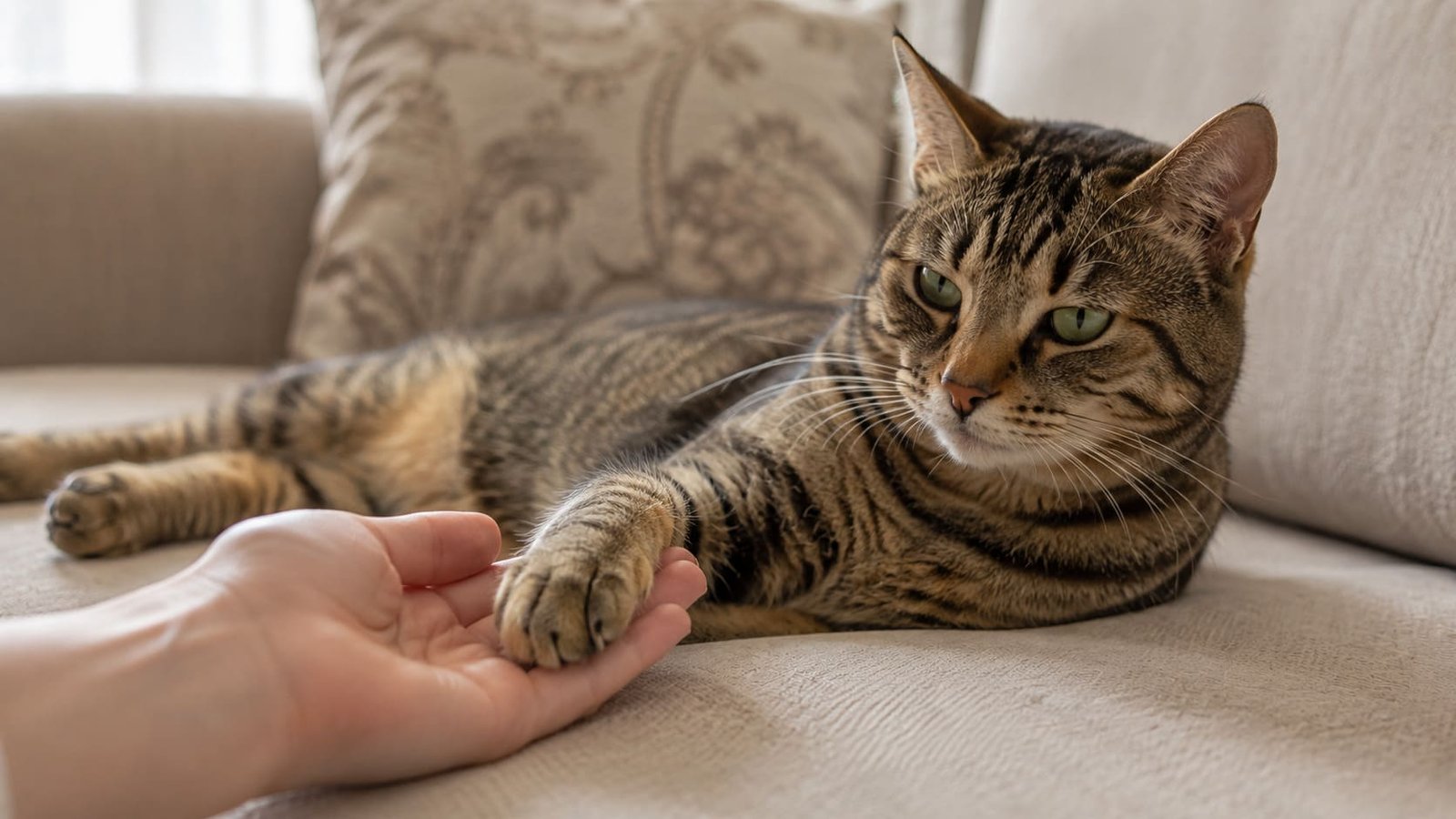 Person gently resting a tabby cat's front paw in an open palm before trimming