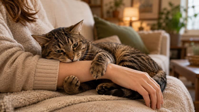 Woman holding her hand completely still as a brown tabby female cat mouths her wrist on a sofa