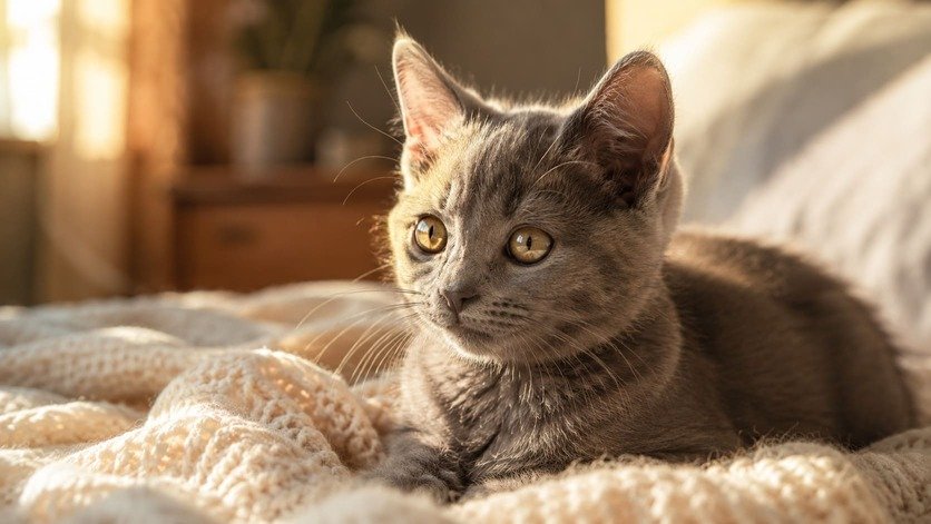 Gray kitten with ears swiveled forward, alert to a sound off camera
