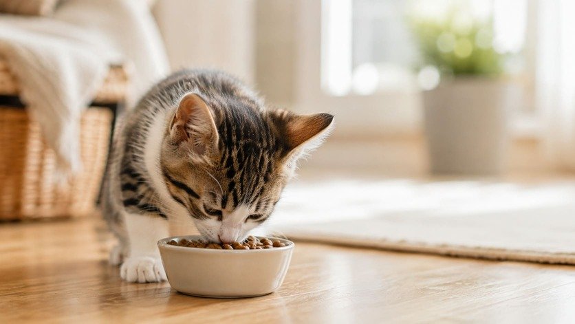 Young kitten eating from a small bowl of kitten food