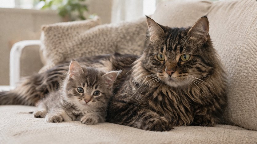 A kitten and an adult cat resting together on a sofa