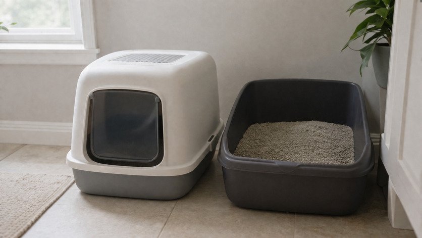 Covered and uncovered litter boxes side by side