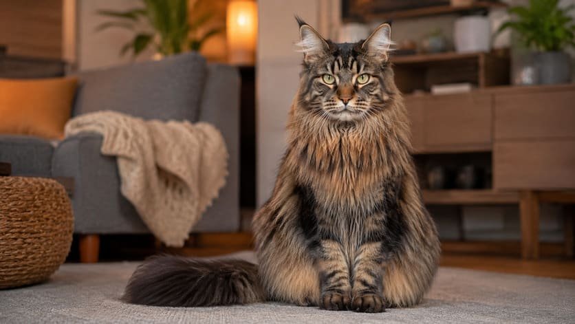 A Maine Coon purebred cat sitting upright indoors