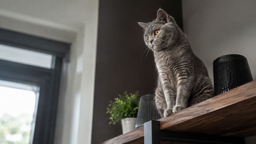 Grey cat perched confidently on a high shelf
