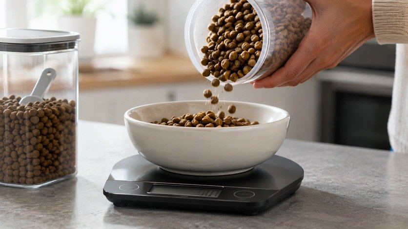 Dry cat food being weighed on a small kitchen scale