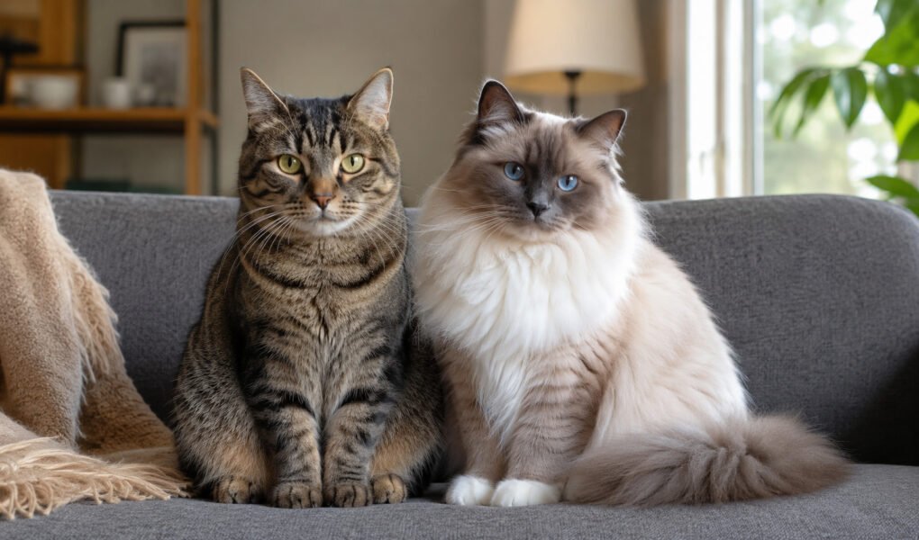 A mixed-breed tabby cat and a purebred Ragdoll cat sitting together on a sofa