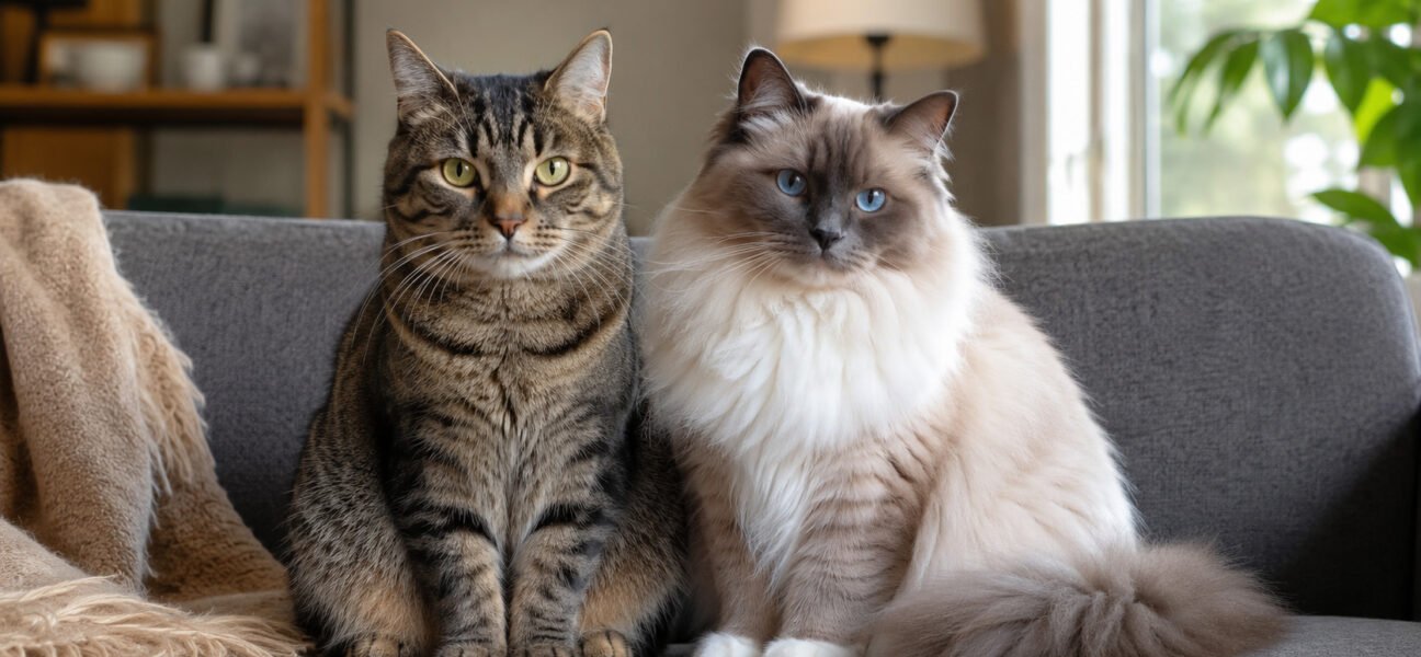 A mixed-breed tabby cat and a purebred Ragdoll cat sitting together on a sofa