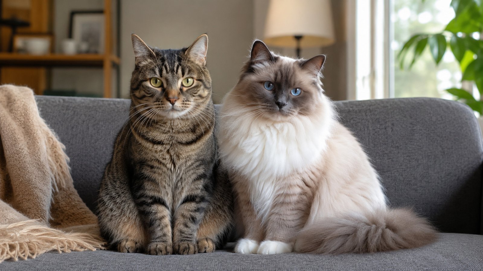 A mixed-breed tabby cat and a purebred Ragdoll cat sitting together on a sofa