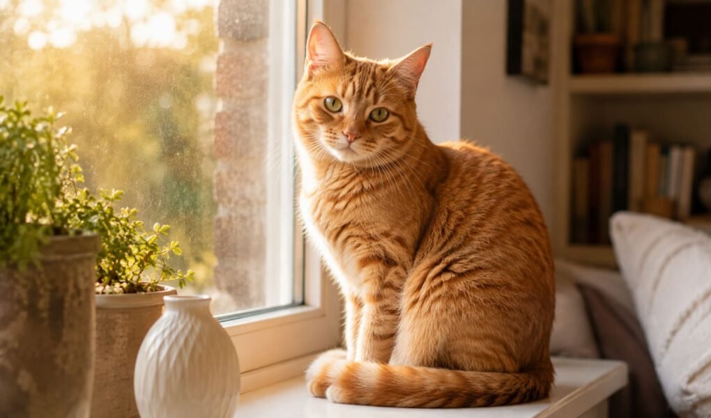 Orange tabby cat sitting on a windowsill in warm afternoon light