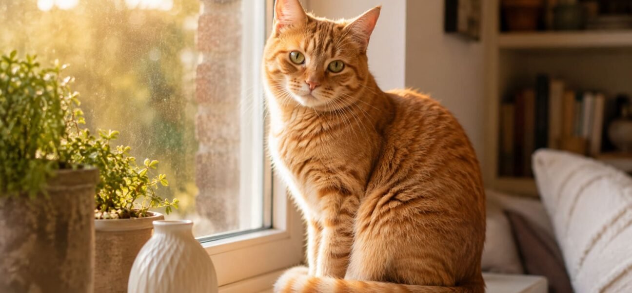 Orange tabby cat sitting on a windowsill in warm afternoon light