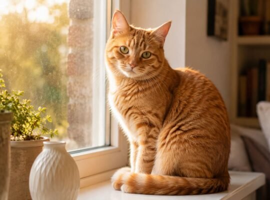 Orange tabby cat sitting on a windowsill in warm afternoon light