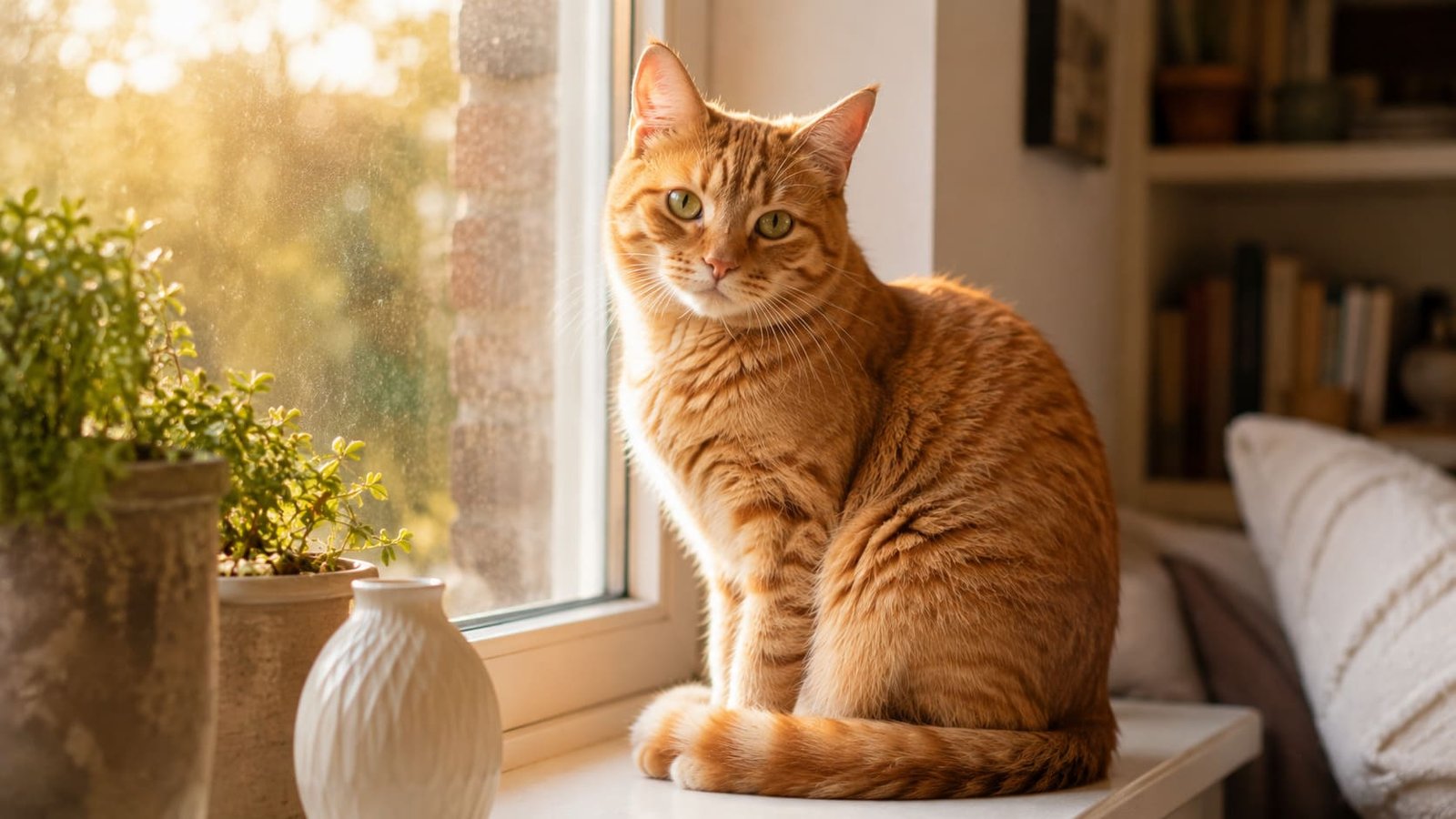 Orange tabby cat sitting on a windowsill in warm afternoon light