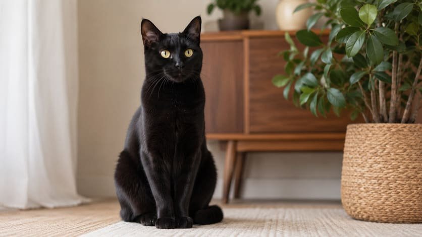 Black female cat sitting upright with a regal, alert posture