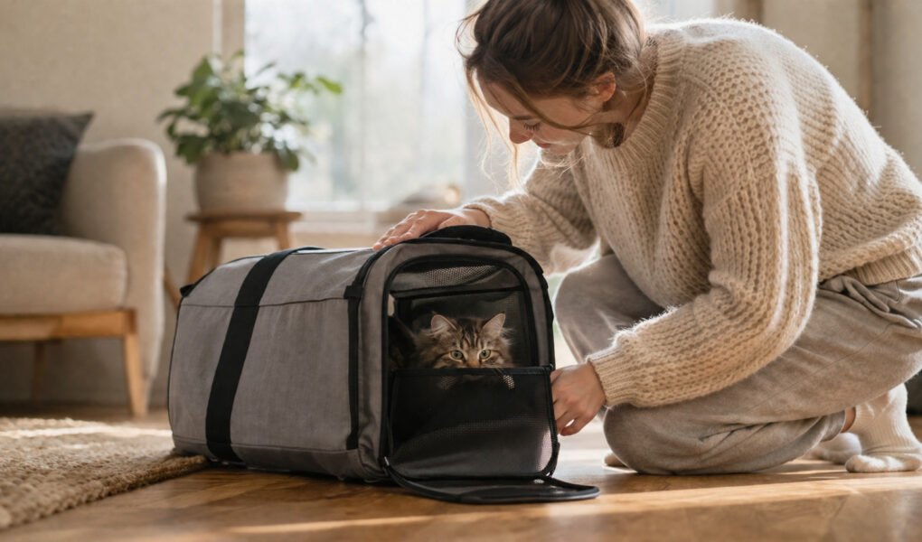 Person kneeling beside a cat carrier in a cozy living room