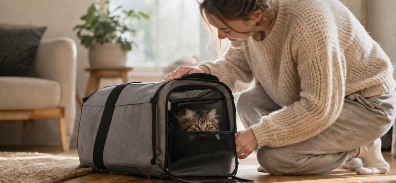 Person kneeling beside a cat carrier in a cozy living room