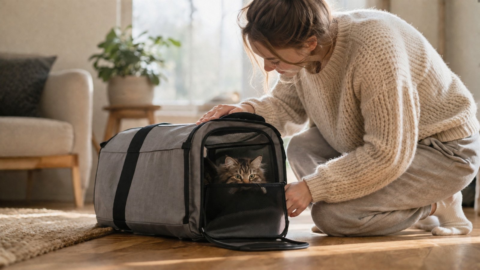 Person kneeling beside a cat carrier in a cozy living room