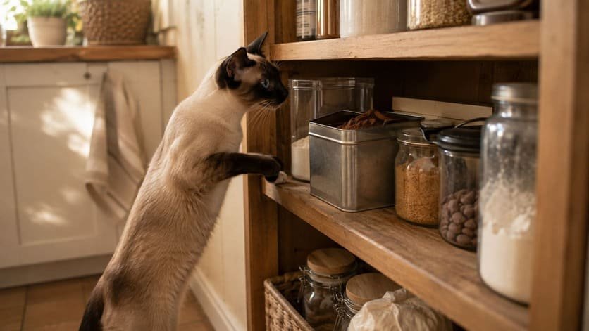 Cat looking into an open pantry shelf holding cocoa powder and baking chocolate