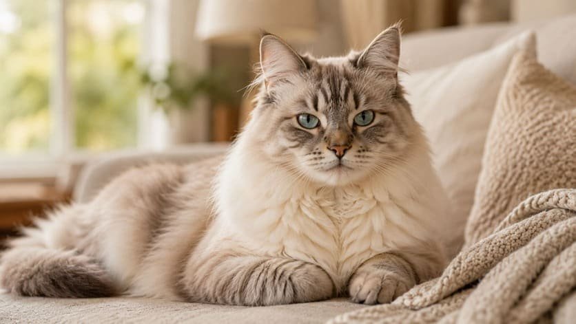 Plump longhair cat resting on a sofa cushion in soft daylight at home
