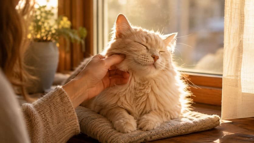 Woman scratching a cream longhaired female cat under the chin on a windowsill in soft daylight