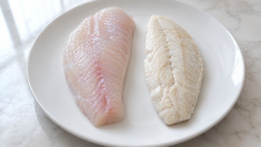 Plain cooked white fish fillet, unseasoned and deboned, on a white plate beside a raw fillet