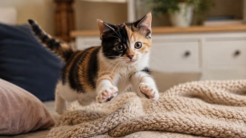 Small calico kitten mid-pounce on a knit blanket