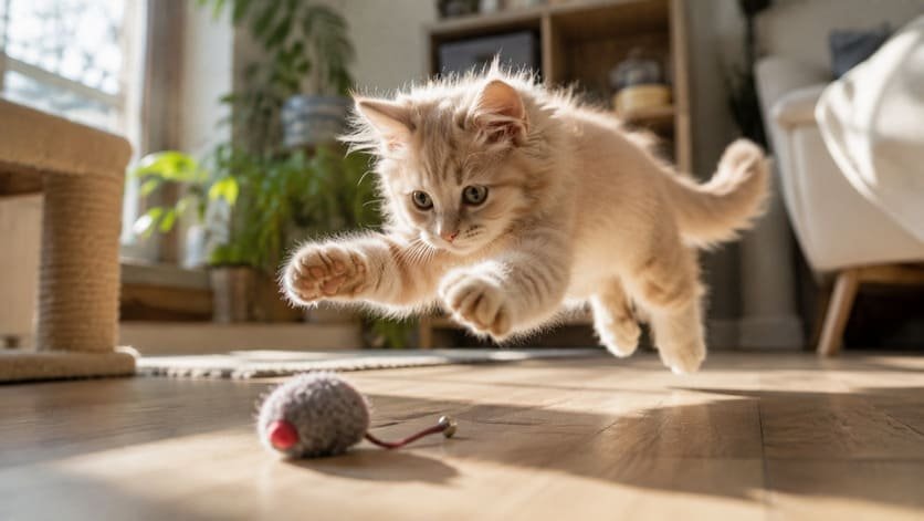 Cream-colored kitten pouncing on a toy in a sunlit room