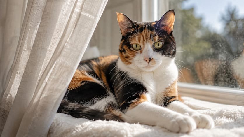 Calico cat lounging on a sunlit windowsill