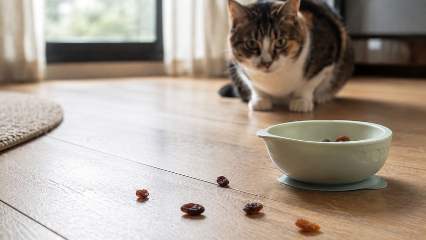 Scattered raisins on a kitchen floor beside a child's snack bowl, with a cat in the background